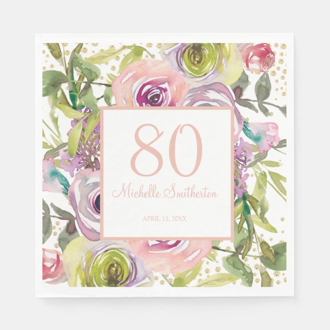 Purple Pink Floral Gold Glitter 80th Birthday Napkin (Front)