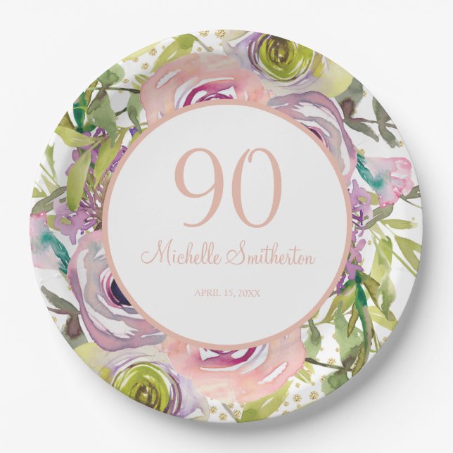 Purple Pink Floral Gold Glitter 90th Birthday Paper Plate (Front)