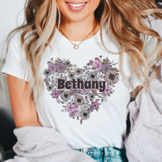 Purple Pink Floral Heart Girly Feminine Name T-Shirt