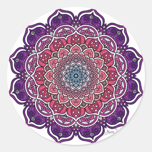 Purple-Pink Floral Mandala Classic Round Sticker (Front)