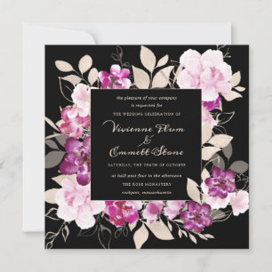 Purple Pink Floral on Black Background Wedding Invitation