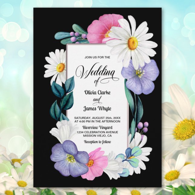 Purple Pink Floral on Black Wedding Invitation (Creator Uploaded)