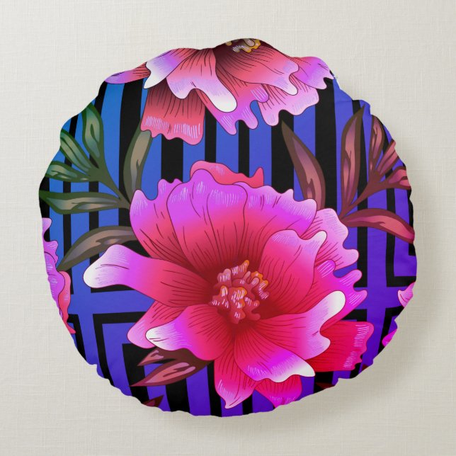 Purple & Pink Floral Print Round Pillow (Back)