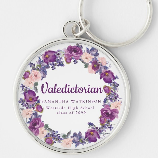 Purple & Pink Floral Valedictorian Graduation Gift Keychain (Front)