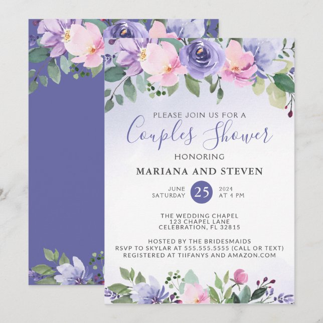 Purple Pink Floral Wedding Couples Shower Invitation (Front/Back)