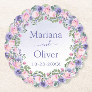 Purple Pink Floral Wedding Paper Coaster