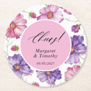  Purple Pink Floral Wedding  Round Paper Coaster