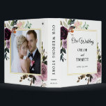 Purple Pink Floral with Photo Wedding Album Binder<br><div class="desc">Create a beautiful keepsake for your wedding photos and cards. A gold frame with purple and pink roses and flowers decorates the front and back. The front features Our Wedding, the wedding couple's names and the wedding date. The couple's photo is featured in the back frame. This wedding album coordinates...</div>