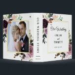 Purple Pink Floral with Photo Wedding Album Binder<br><div class="desc">Create a beautiful keepsake for your wedding photos and cards. A gold frame with purple and pink roses and flowers decorates the front and back. The front features Our Wedding, the wedding couple's names and the wedding date. The couple's photo is featured in the back frame. This wedding album coordinates...</div>