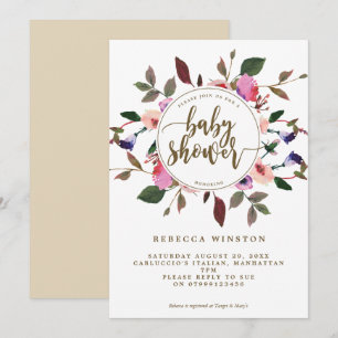 purple pink floral wreath baby shower invite