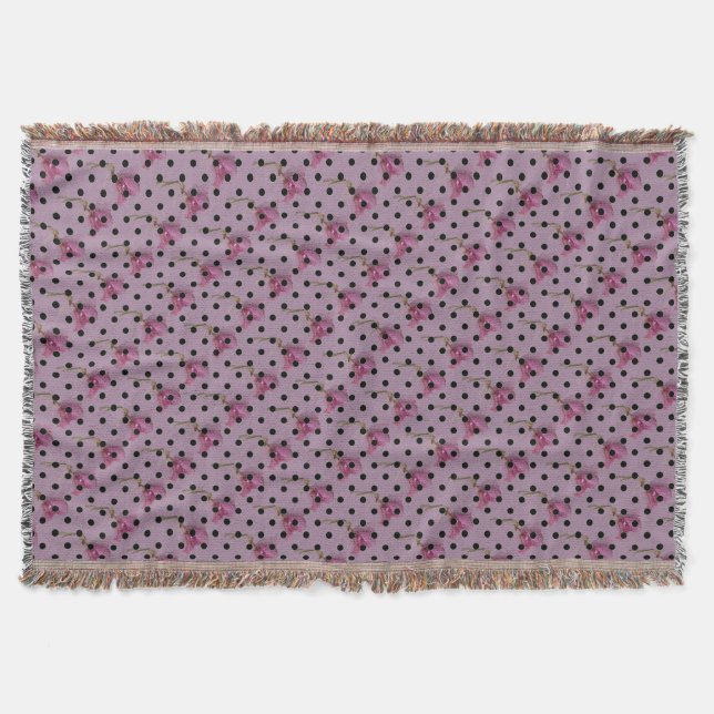 Purple pink flower and black polka dots throw blanket (Front)