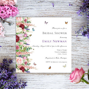 Purple Pink Flowers & Butterflies Bridal Shower Invitation