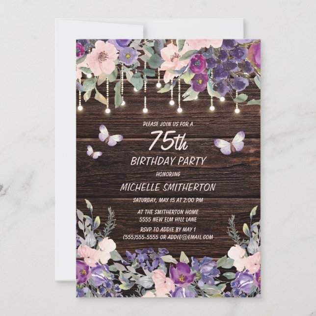 Purple Pink Flowers Butterflies Rustic Birthday Invitation (Front)