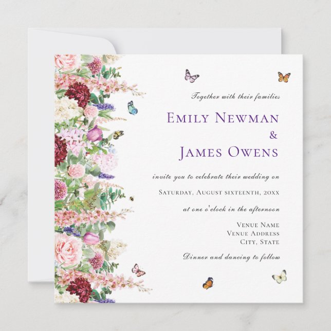 Purple Pink Flowers & Butterflies Square Wedding Invitation (Front)