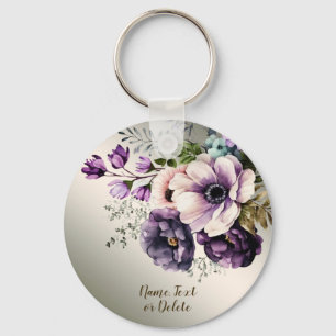 Purple Pink Flowers Golden Elegant Keychain
