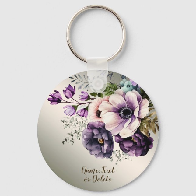 Purple Pink Flowers Golden Elegant Keychain (Front)