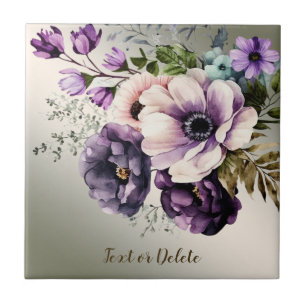 Purple Pink Flowers Golden Elegant Tile