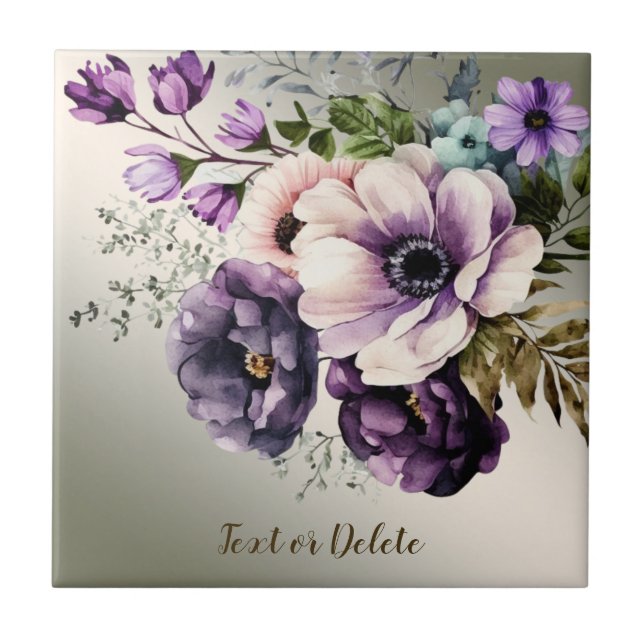 Purple Pink Flowers Golden Elegant Tile (Front)