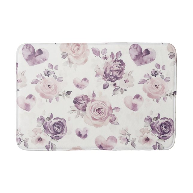 Purple Pink Flowers & Hearts   Bath Mat (Front)