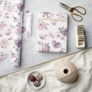 Purple Pink Flowers & Hearts Birthday Wrapping Paper