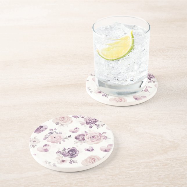 Purple Pink Flowers & Hearts Coaster (Side)