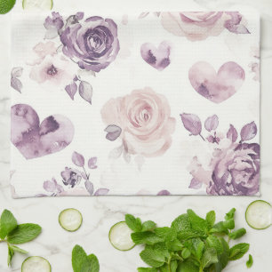 Purple Pink Flowers & Hearts   Kitchen Towel