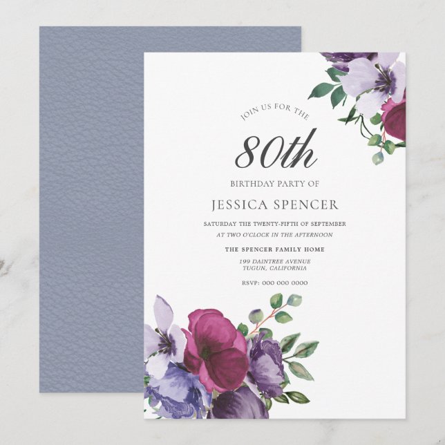 Purple Pink Flowers Watercolor 80th Birthday Party Invitation (Front/Back)