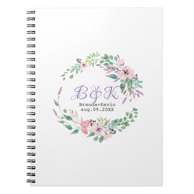Purple & Pink Flowers Wreath Frame Notebook (Front)