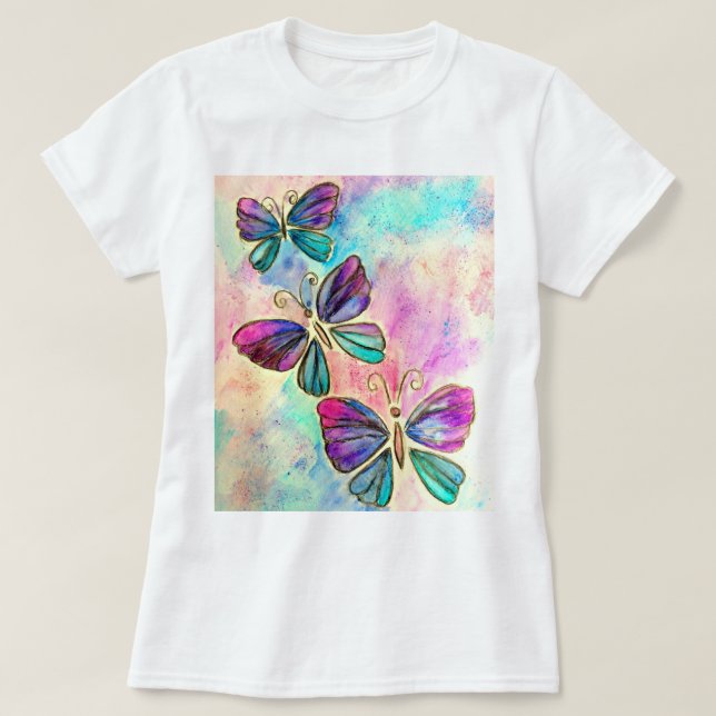 Purple Pink Flying Butterflies T-Shirt (Design Front)