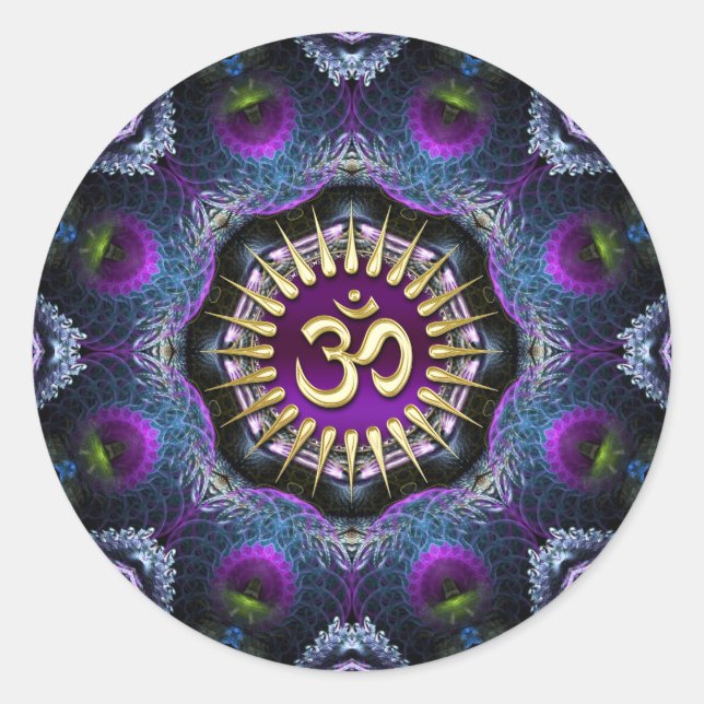 Purple Pink Fractals OM Shield Art Classic Round Sticker (Front)