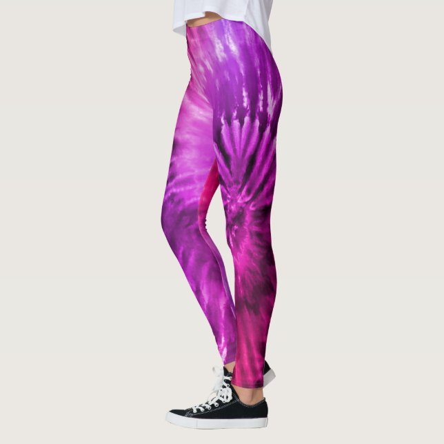 Purple Pink Fuchsia Psychedelic Starburst Tie Dye Leggings (Left)