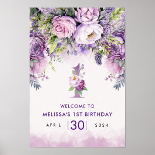 Purple & Pink Garden Flowers Girl 1st Birthday Poster