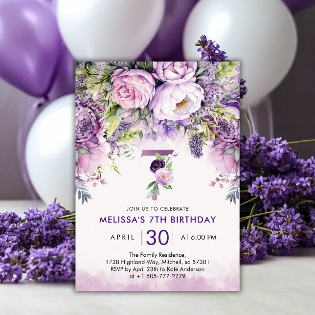 Purple & Pink Garden Flowers Girl 7th Birthday Invitation (Purple & Pink Garden Flowers Girl 7th Birthday Invitation)