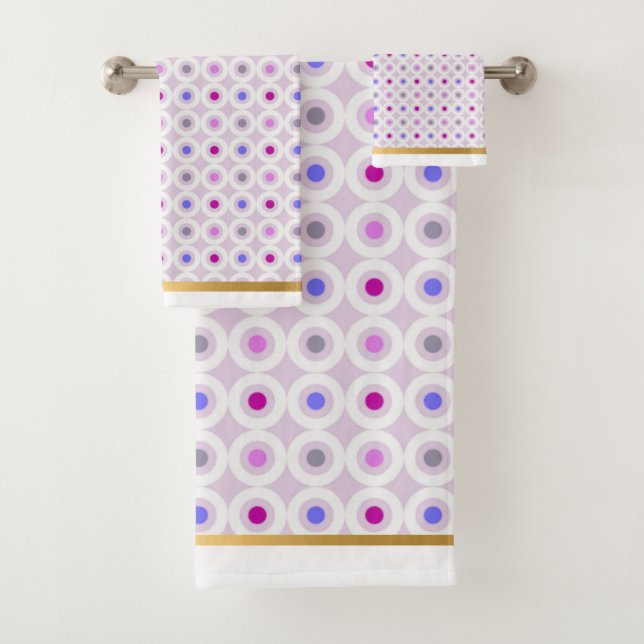 PURPLE PINK  GEOMETRIC CIRCLES  BATHROOM TOWEL SET (Insitu)