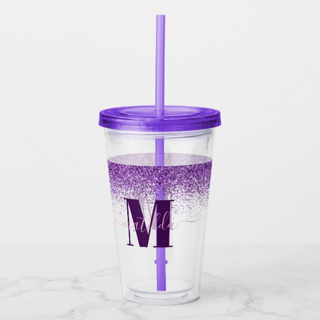 Purple pink girly modern glitter sparkle monogram  acrylic tumbler (Front)