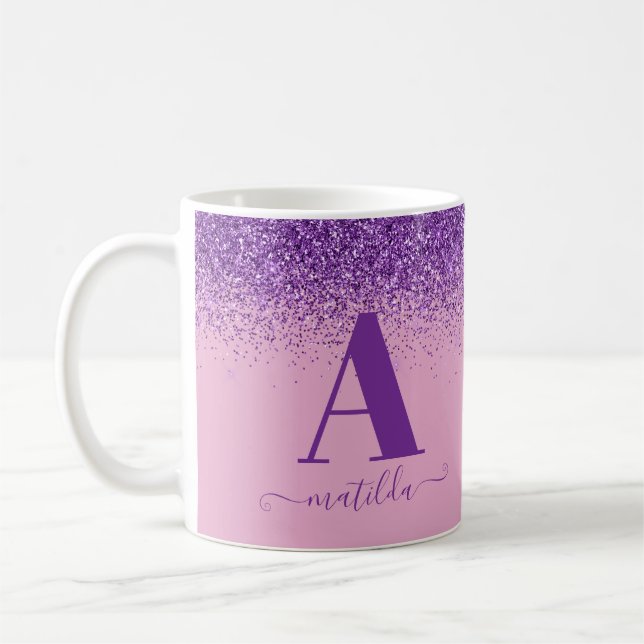 Purple pink girly modern glitter sparkle monogram coffee mug (Left)