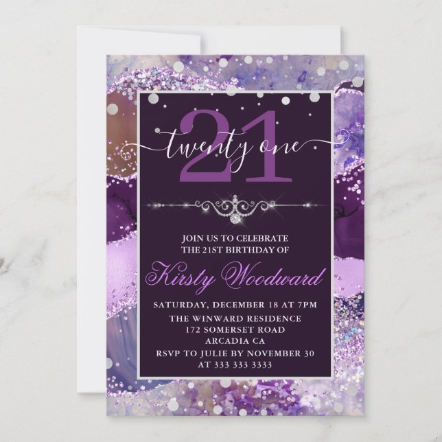 Purple & Pink Glitter Agate Birthday Invitation (Front)