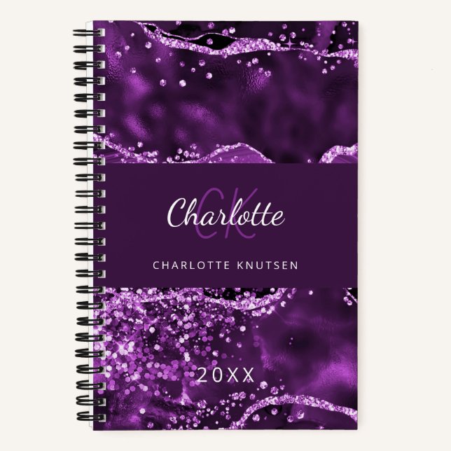 Purple pink glitter agate marble monogram notebook (Front)