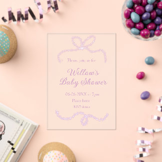 purple pink glitter bow baby shower name date eleg acrylic invitations