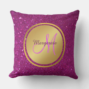 Purple Pink Glitter Brushed Metal Monogram Name Throw Pillow