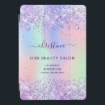 Purple pink glitter business name holographic iPad pro cover<br><div class="desc">A trendy iridescent, holographic background with pastel colours in pink, purple, rose gold, mint green. Decorated with faux glitter dust. For makeup artists, hair designers, hair and beauty salons, nurses. Purple coloured letters. Personalize and add your name and contact information. The personal name is written with a modern hand lettered...</div>