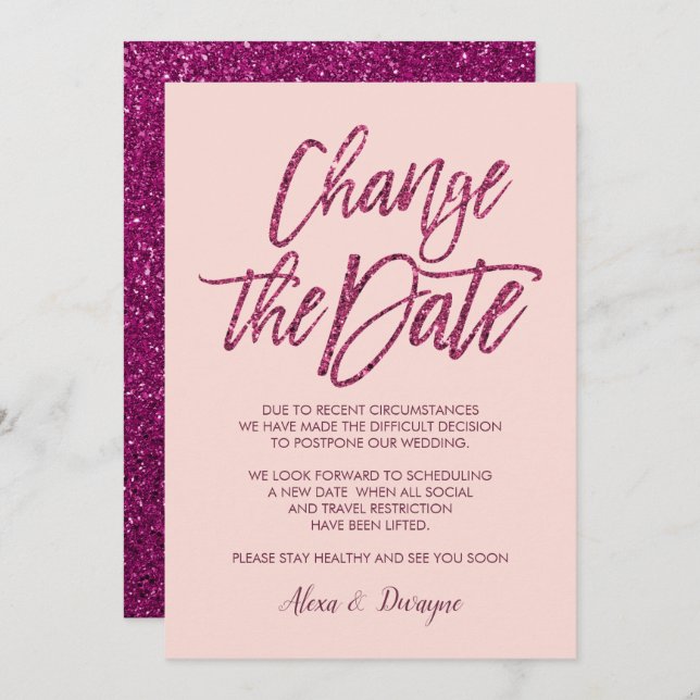 Purple pink Glitter Cancelled Postponed Wedding Invitation (Front/Back)