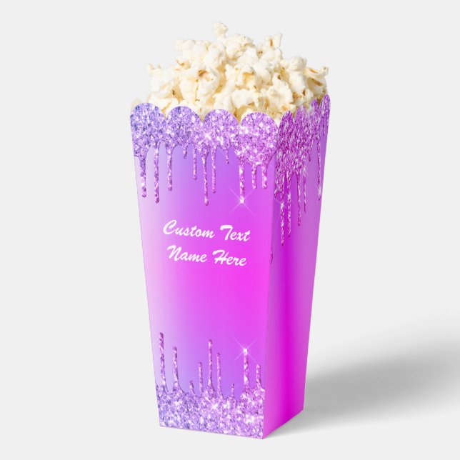 Purple Pink Glitter Custom Text Name Popcorn Box (Popped)