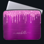 Purple pink glitter drips laptop sleeve<br><div class="desc">An elegant, girly and glam laptop sleeve. Pink colored colored faux glitter drips. Purple background. Personalize and add a name, written with a modern hand lettered style script with swashes. Light pink colored letters. To keep the swashes only delete the sample name, leave the spaces or emoji's in front and...</div>