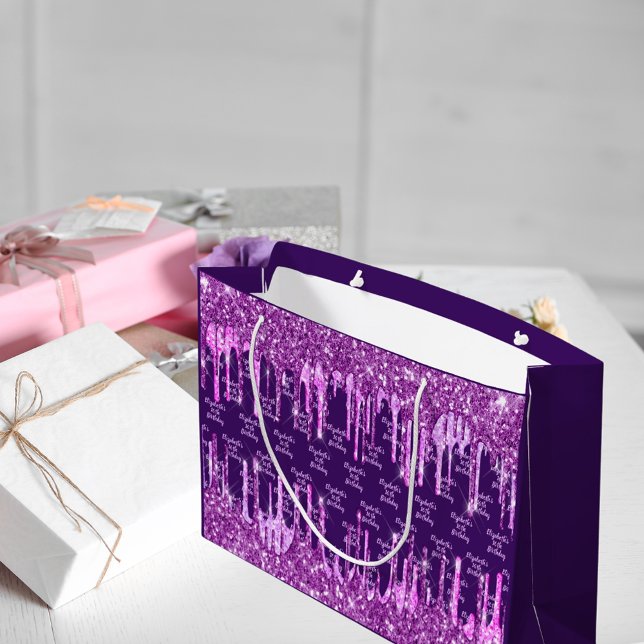 Purple pink glitter drips name birthday large gift bag (Creator Uploaded)