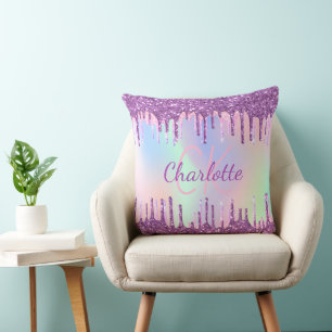 Purple pink glitter drips name script throw pillow