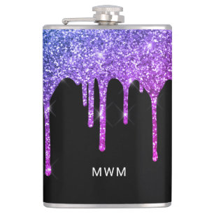 Purple Pink Glitter Drips Sparkle Monogram Hip Flask