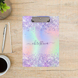 Purple pink glitter dust holographic name  clipboard