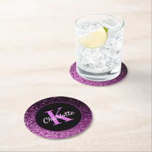 Purple pink glitter monogram name round paper coaster