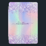 Purple pink glitter name holographic script iPad pro cover<br><div class="desc">A trendy iridescent, holographic background with pastel colours in pink, purple, rose gold, mint green. Decorated with faux glitter dust. Purple coloured letters. Personalize and add your name. The name is written with a modern hand lettered style script with swashes. To keep the swashes only delete the sample name, leave...</div>
